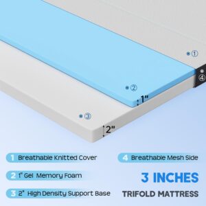 FDW 3 inch Tri Folding Memory Foam Mattress/Foldable Mattress for Kids and Adults/Medium-Firm Mattress with a Collapsible and Washable Cover/Suitable for RV Travel Camping Guest,Twin