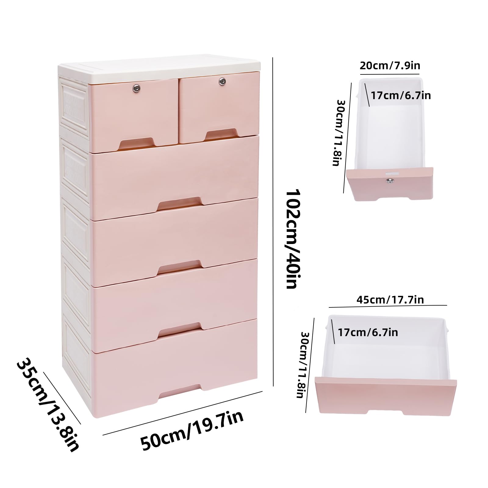 Knwigoe 5 Tier Dresser with 6 Drawers Plastic Closet Drawers Tall Chest Storage Cabinet Clothes Storage Organizer with Wheels & Locks for Bedroom Living Room (19.7x13.8x40inch) (Pink)