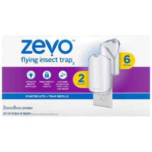 zevo flying insect trap, fly trap, fruit fly trap (2 plug-in bases + 6 refill cartridges)