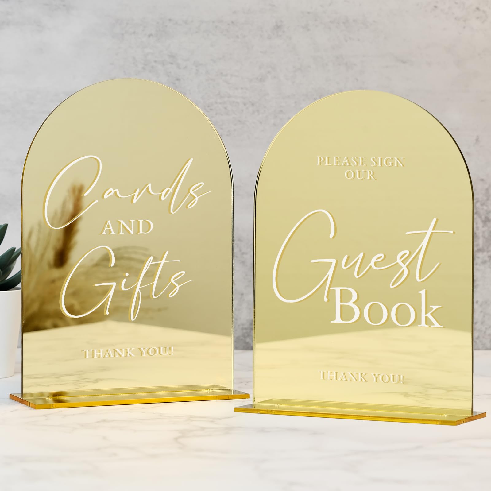 Set of 2 Gold Acrylic Wedding Signs, 5"x7" Gold Mirror Arch Acrylic Table Sign and Base, Modern Font TableTop Reception Sign for Wedding & Party Event (Gold, 5 x7 Inch)