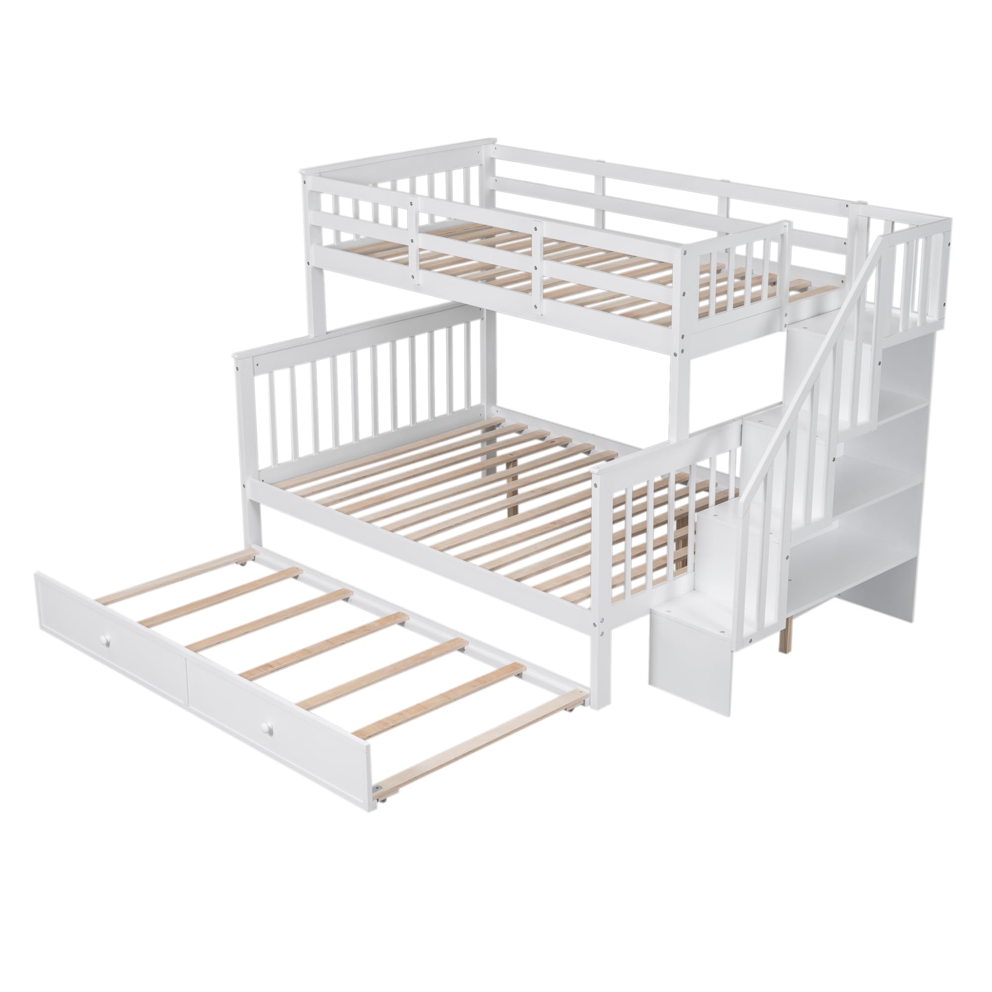 Morhome Twin Over Full Size Bunk Bed with Trundle and Storage Stairs, Solid Wood Stairway Triple Bunk Beds Stairway and Full-Length Guard Rail for Kids Teens Adults Bedroom, Can Be Divided