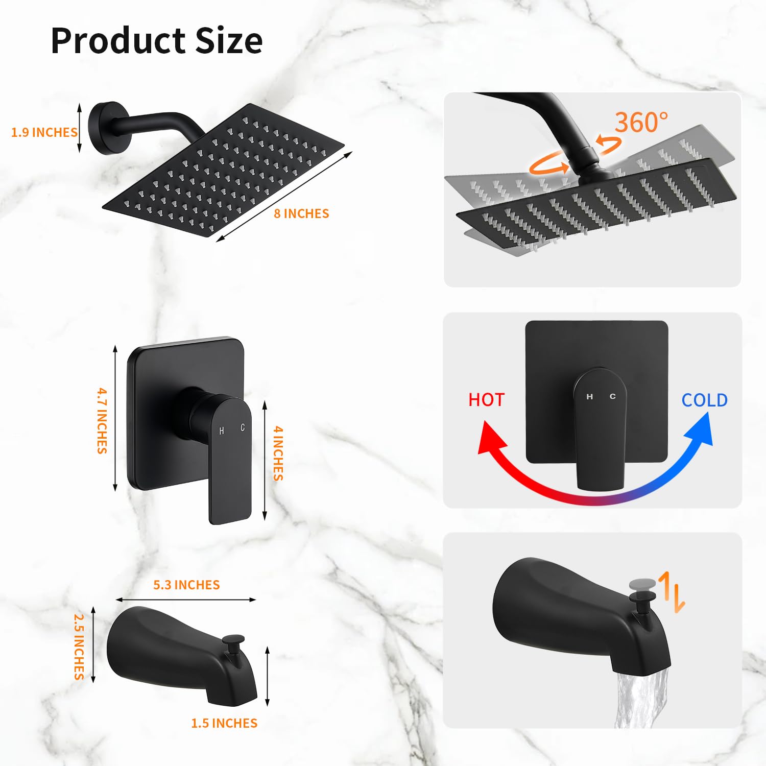 Black Tub Shower Faucet Set Complete with 8-Inch Rainfall Shower Head and Tub Spout Included Shower Valve Tub Shower Trim Kit Matte Black