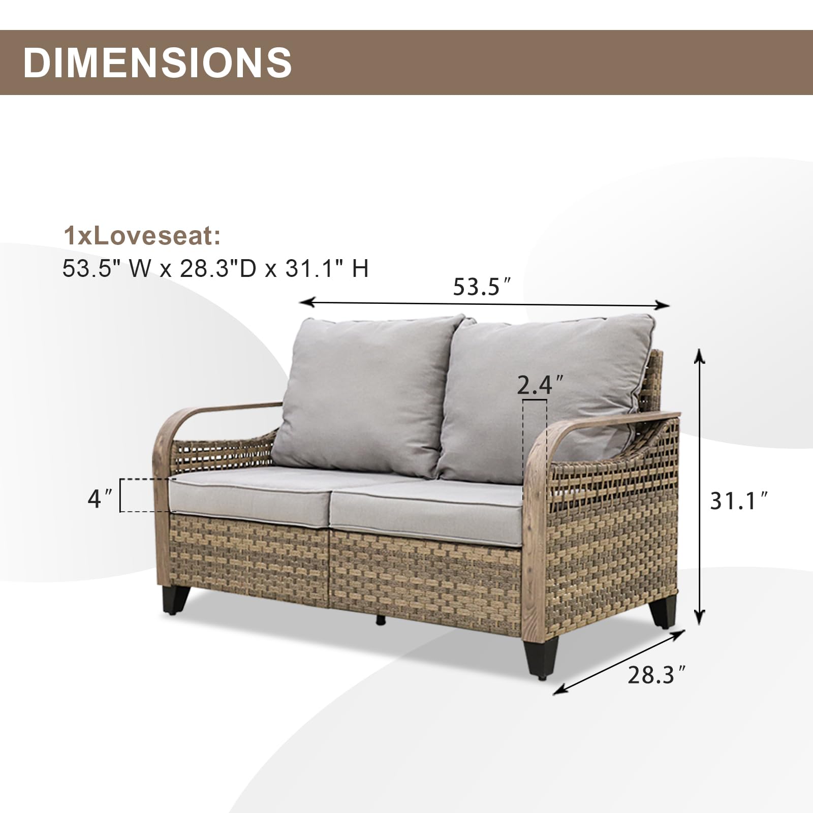 EAGLE PEAK Wicker Outdoor Patio Sofa Modern Rattan Patio Furniture Loveseat for Backyard Deck Porch Balcony, 2 Seat Loveseat, Brown/Gray