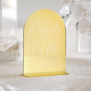 Set of 2 Gold Acrylic Wedding Signs, 5"x7" Gold Mirror Arch Acrylic Table Sign and Base, Modern Font TableTop Reception Sign for Wedding & Party Event (Gold, 5 x7 Inch)