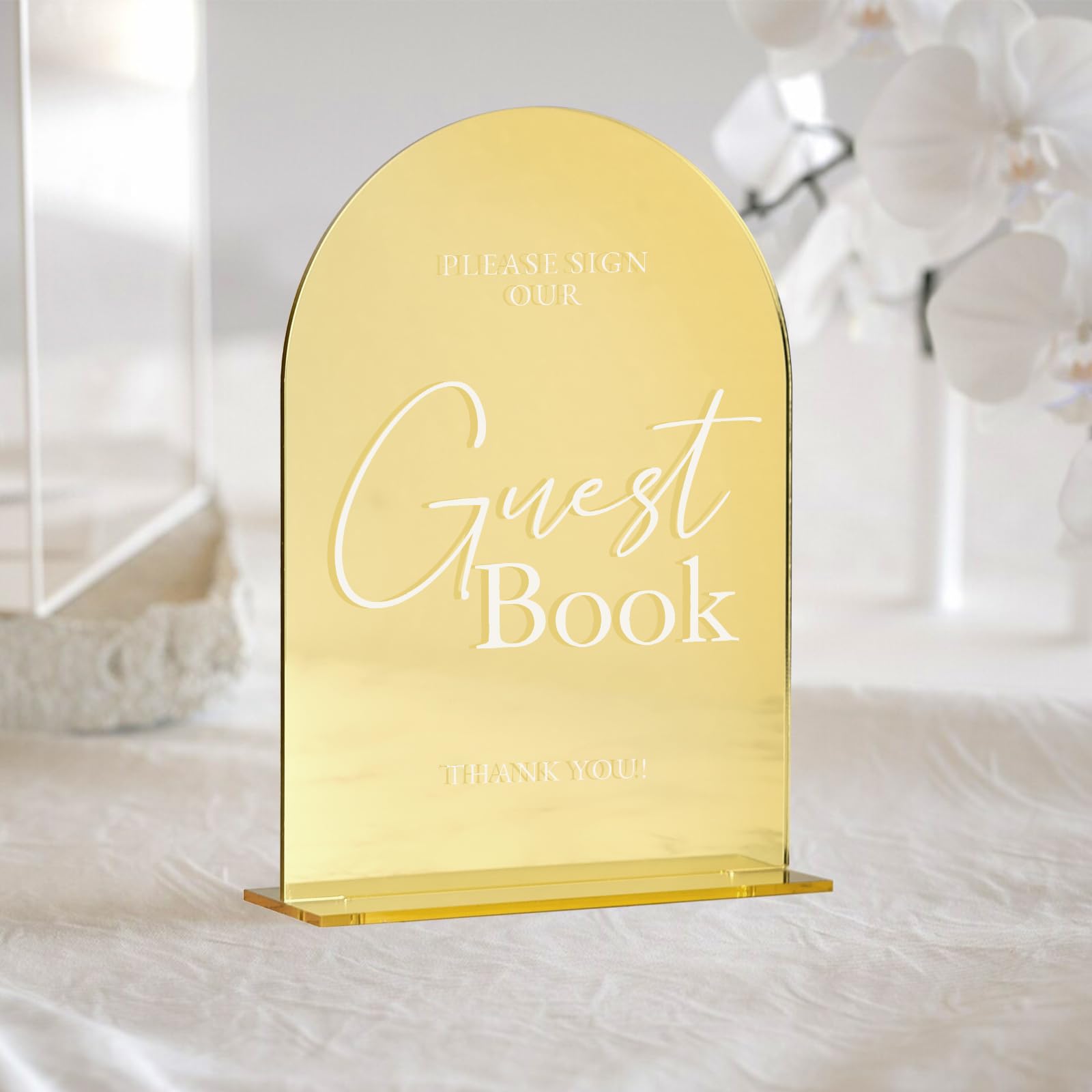 Set of 2 Gold Acrylic Wedding Signs, 5"x7" Gold Mirror Arch Acrylic Table Sign and Base, Modern Font TableTop Reception Sign for Wedding & Party Event (Gold, 5 x7 Inch)