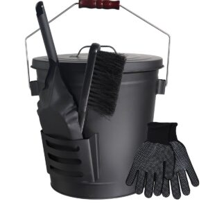 vensovo 5 Gallon Ash Bucket with Lid - Shovel, Broom, and Gloves, Heavy Duty Galvanized Iron, Fire-Resistant, Black Finish Perfect for Fireplaces, Fire Pits, Wood-Burning Stoves, and Grills