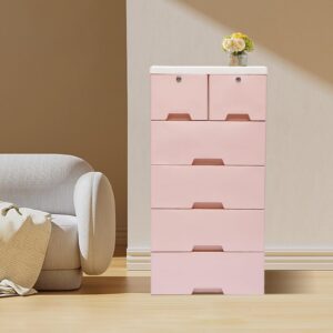 Knwigoe 5 Tier Dresser with 6 Drawers Plastic Closet Drawers Tall Chest Storage Cabinet Clothes Storage Organizer with Wheels & Locks for Bedroom Living Room (19.7x13.8x40inch) (Pink)