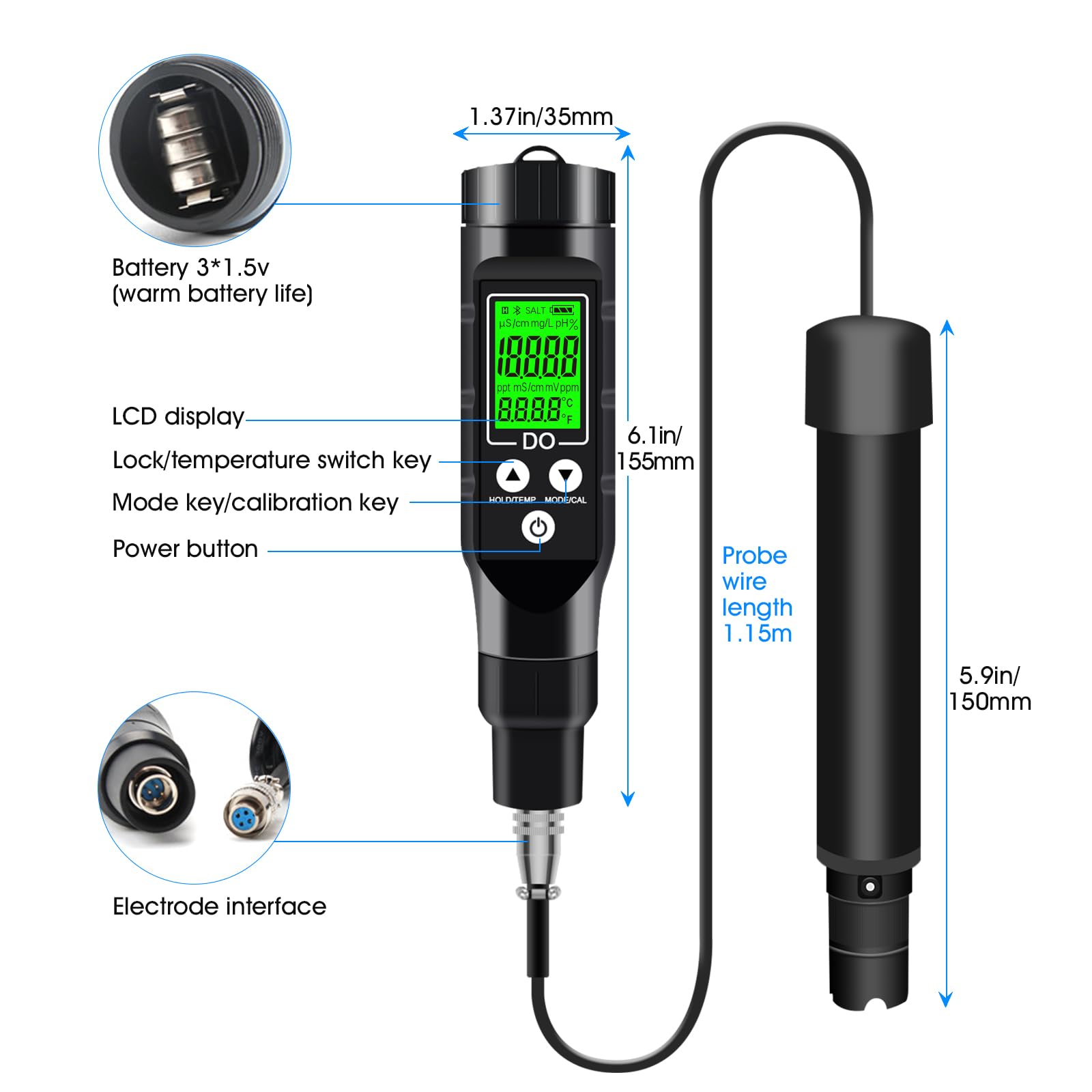 LYCEBELL Dissolved Oxygen Meter with Bluetooth Filling Fluid Range:0-30mg/L, with Automatic Temperature Compensation Function,Pen Type Dissolved Oxygen Test Kit for Aquarium, Ponds, Aquaculture