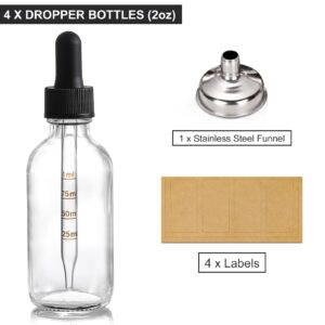 4 Pack 2 oz Glass Dropper Bottles with Measured Dropper - 60ml Dark Clear Tincture Bottles with Graduated Calibrated Glass Eye Droppers (1ml) for Essential Oils, Liquids - Leakproof Travel Bottles