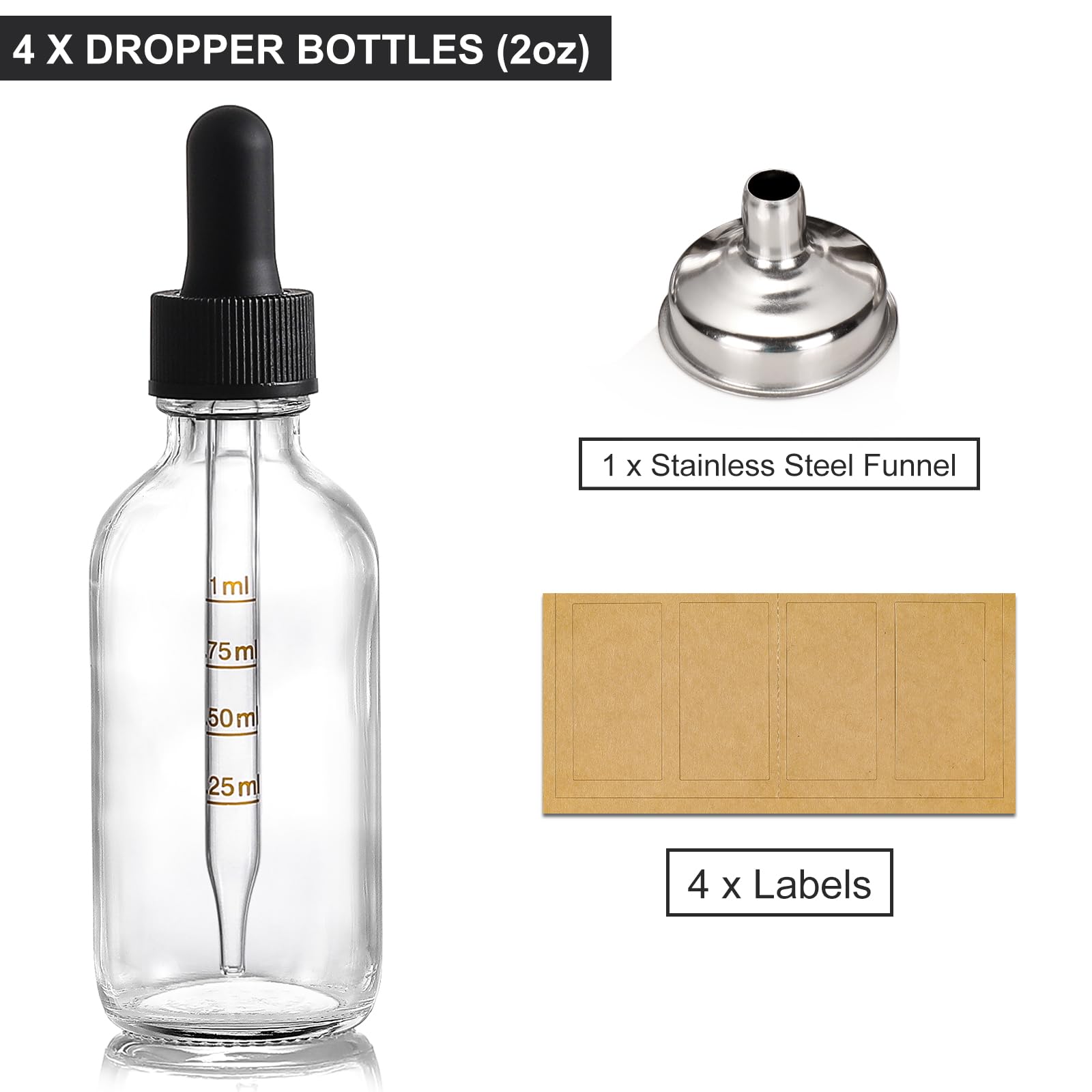 4 Pack 2 oz Glass Dropper Bottles with Measured Dropper - 60ml Dark Clear Tincture Bottles with Graduated Calibrated Glass Eye Droppers (1ml) for Essential Oils, Liquids - Leakproof Travel Bottles