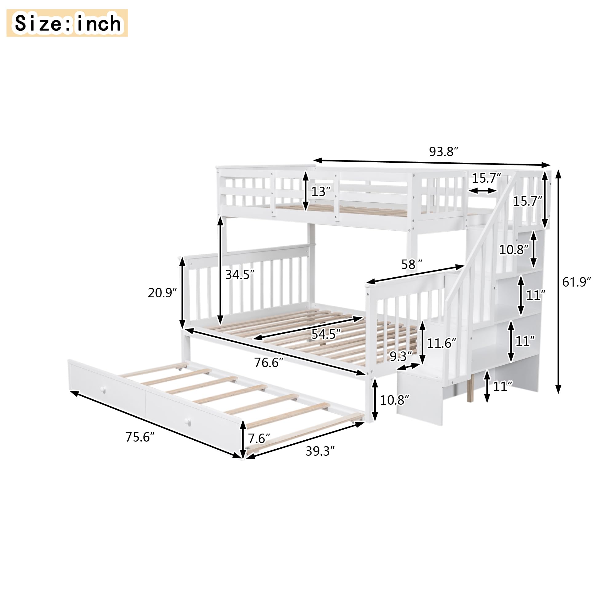 Morhome Twin Over Full Size Bunk Bed with Trundle and Storage Stairs, Solid Wood Stairway Triple Bunk Beds Stairway and Full-Length Guard Rail for Kids Teens Adults Bedroom, Can Be Divided