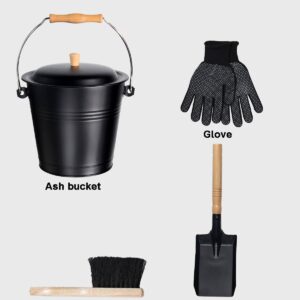 vensovo 1.5 Gallon Ash Bucket with Lid - Shovel, Broom, and Gloves, Heavy Duty Galvanized Iron, Fire-Resistant, Black Finish Perfect for Fireplaces, Fire Pits, Wood-Burning Stoves, and Grills