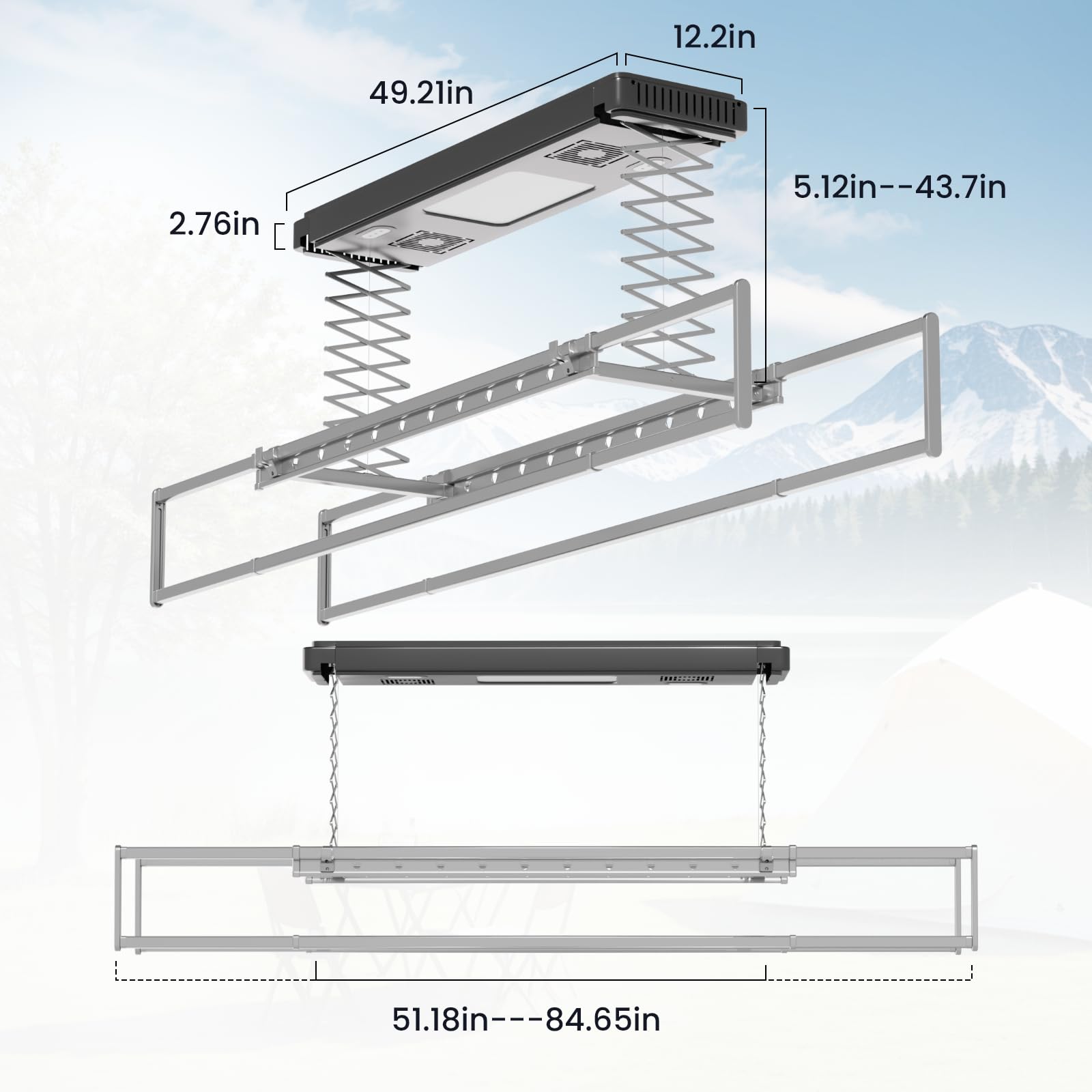 Ouayrhea Ceiling Clothes Drying Rack Electrical - Foldable Telescoping Laundry Drying Rack with Heater Fan, Remote and Led Light (Ceiling Mounted,130)