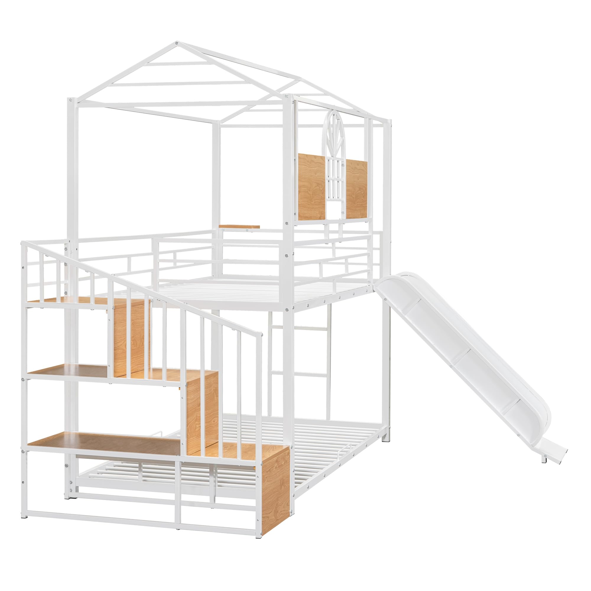 BOVZA House Bunk Bed with Slide and Stairs, Twin Over Twin Metal Bunk Beds Frame with Roof and Storage Staircase for Kids Boys Girls Teens, White