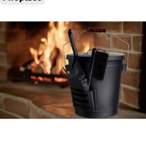 vensovo 5 Gallon Ash Bucket with Lid - Shovel, Broom, and Gloves, Heavy Duty Galvanized Iron, Fire-Resistant, Black Finish Perfect for Fireplaces, Fire Pits, Wood-Burning Stoves, and Grills