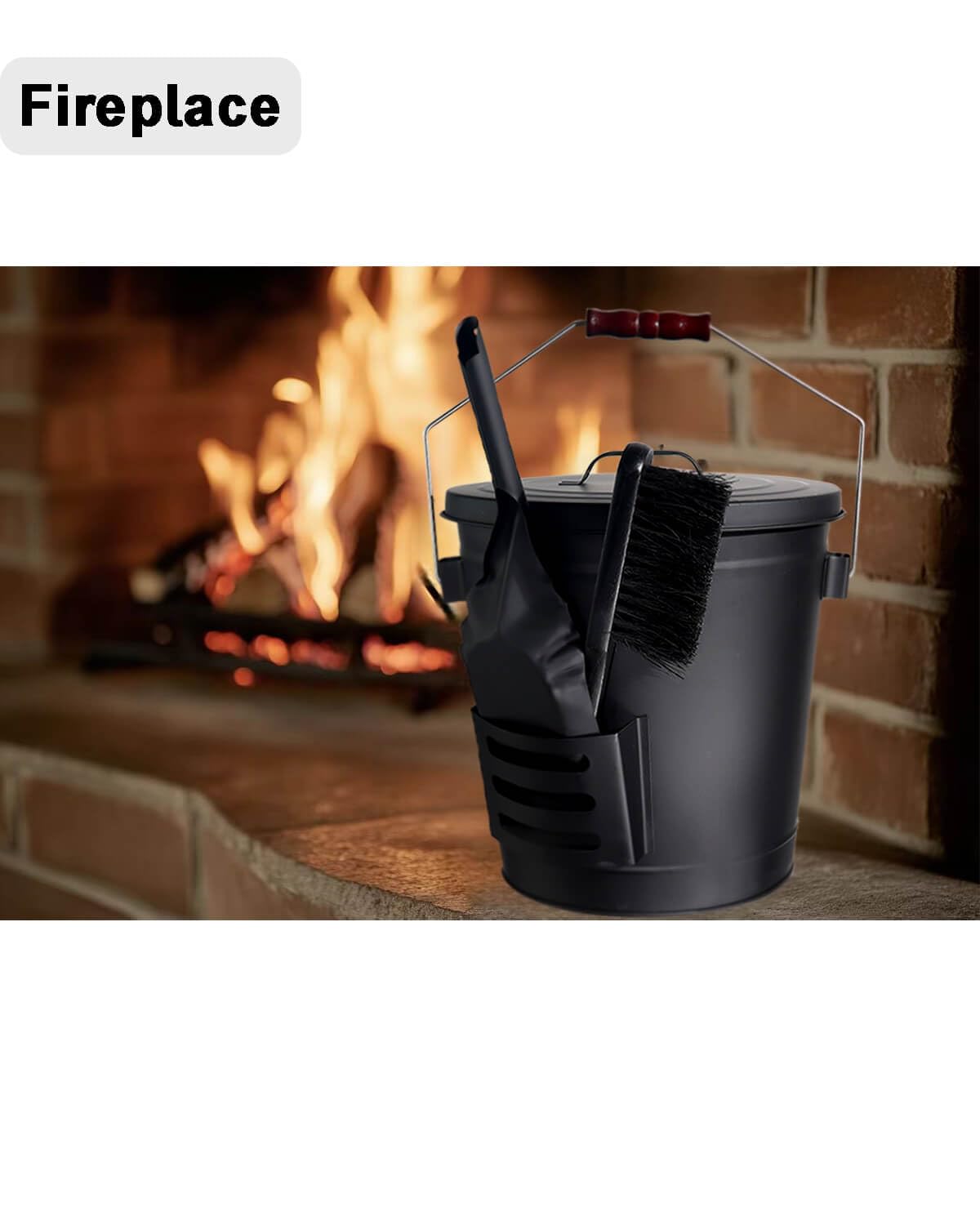 vensovo 5 Gallon Ash Bucket with Lid - Shovel, Broom, and Gloves, Heavy Duty Galvanized Iron, Fire-Resistant, Black Finish Perfect for Fireplaces, Fire Pits, Wood-Burning Stoves, and Grills