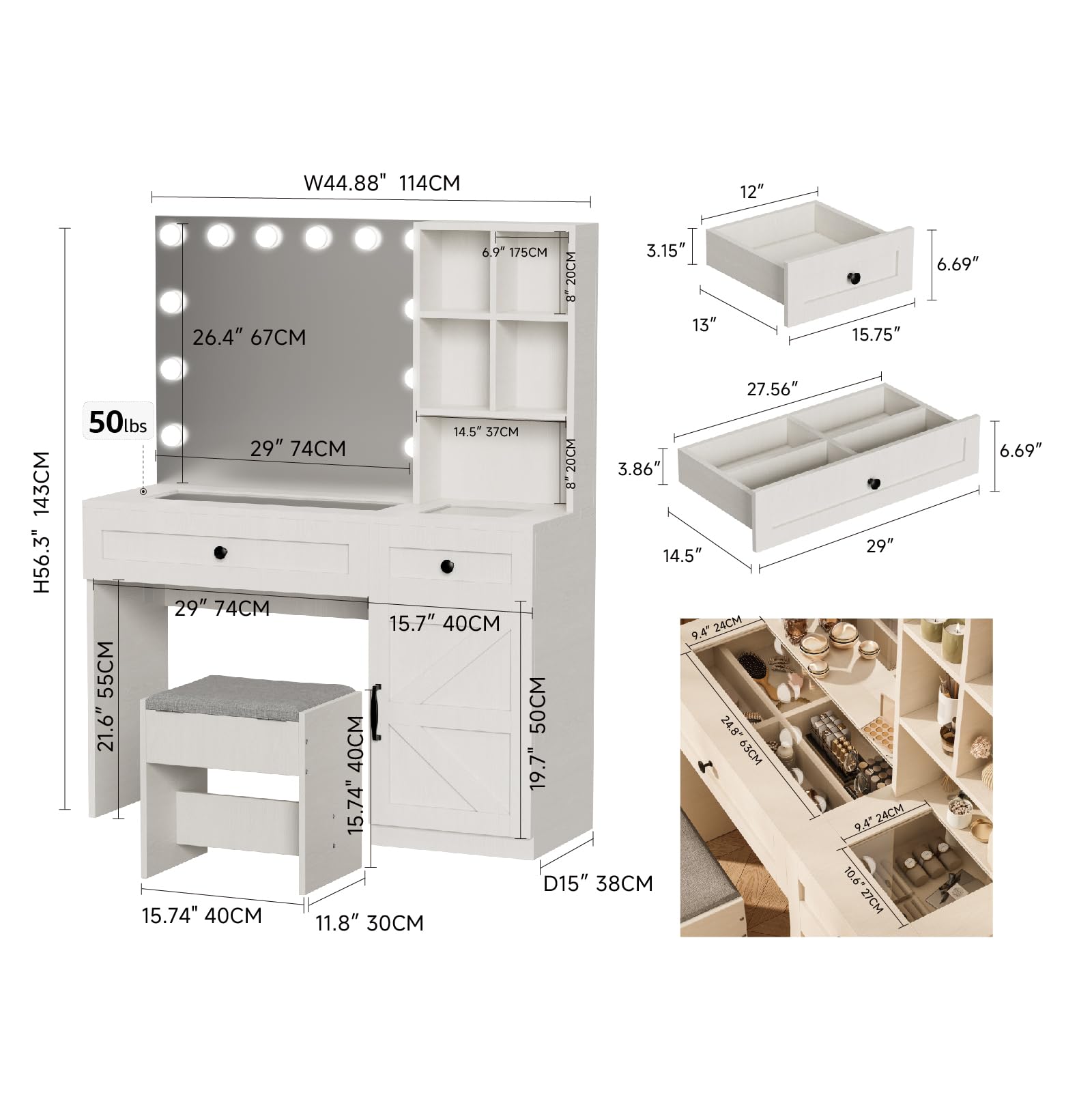 Makeup Vanity Desk with Mirror and Lights, White Vanity Desk w/ Hollywood Mirror & Charging Station & Large Drawer & Shelves & Cabinet, Glass Tabletop Dressing Table Set for Bedroom, Stool Included