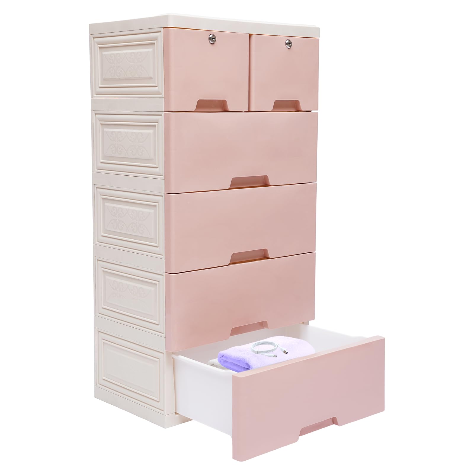 Knwigoe 5 Tier Dresser with 6 Drawers Plastic Closet Drawers Tall Chest Storage Cabinet Clothes Storage Organizer with Wheels & Locks for Bedroom Living Room (19.7x13.8x40inch) (Pink)