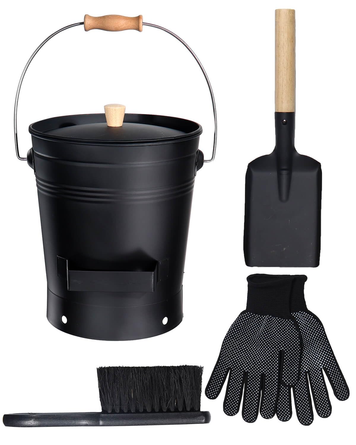 vensovo 2.5 Gallon Ash Bucket with Lid - Shovel, Broom, and Gloves, Heavy Duty Galvanized Iron, Fire-Resistant, Black Finish Perfect for Fireplaces, Fire Pits, Wood-Burning Stoves, and Grills