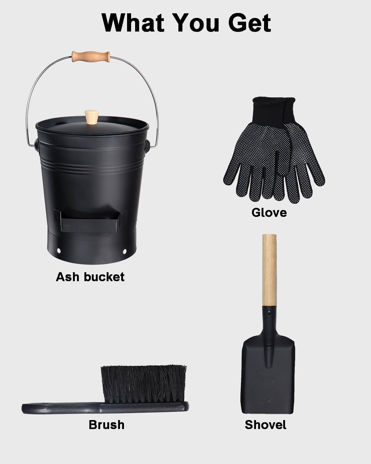 vensovo 2.5 Gallon Ash Bucket with Lid - Shovel, Broom, and Gloves, Heavy Duty Galvanized Iron, Fire-Resistant, Black Finish Perfect for Fireplaces, Fire Pits, Wood-Burning Stoves, and Grills