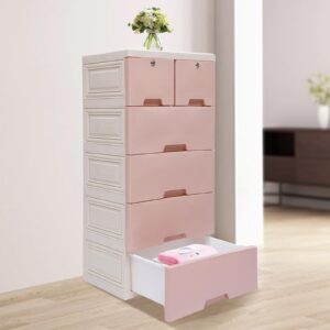 Knwigoe 5 Tier Dresser with 6 Drawers Plastic Closet Drawers Tall Chest Storage Cabinet Clothes Storage Organizer with Wheels & Locks for Bedroom Living Room (19.7x13.8x40inch) (Pink)