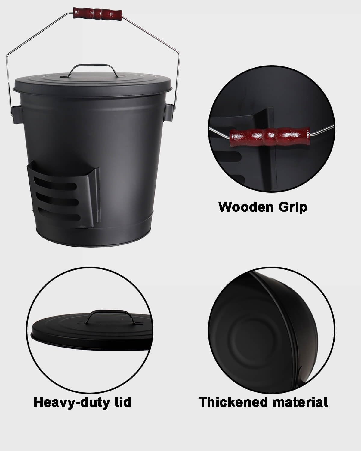 vensovo 5 Gallon Ash Bucket with Lid - Shovel, Broom, and Gloves, Heavy Duty Galvanized Iron, Fire-Resistant, Black Finish Perfect for Fireplaces, Fire Pits, Wood-Burning Stoves, and Grills