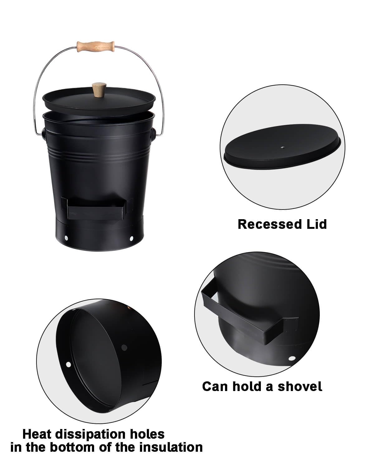 vensovo 2.5 Gallon Ash Bucket with Lid - Shovel, Broom, and Gloves, Heavy Duty Galvanized Iron, Fire-Resistant, Black Finish Perfect for Fireplaces, Fire Pits, Wood-Burning Stoves, and Grills