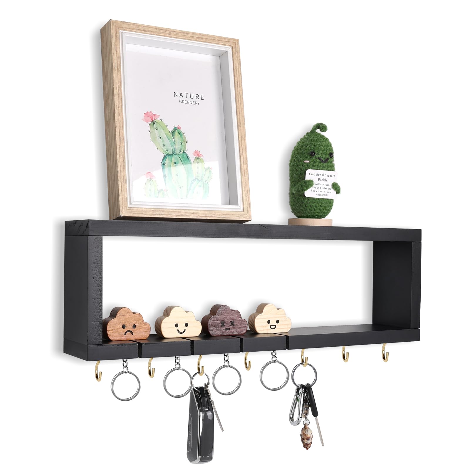 MOFASVIGI Key Holder for Wall, Wall Mount Key Rack with 4 Cute Key Chains and 7 Hooks, Wood Key Hanger Floating Shelf for Entryway Entrance Front Door Home Decor