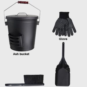 vensovo 5 Gallon Ash Bucket with Lid - Shovel, Broom, and Gloves, Heavy Duty Galvanized Iron, Fire-Resistant, Black Finish Perfect for Fireplaces, Fire Pits, Wood-Burning Stoves, and Grills