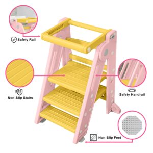 Toddler Standing Tower, Childs Kitchen Stool for Helping,Safety Rail, 2-3 Step Adjustable Ladder for Bathroom Sink & Kitchen Tower -Ages 18 Months to 4 Years (Pink)