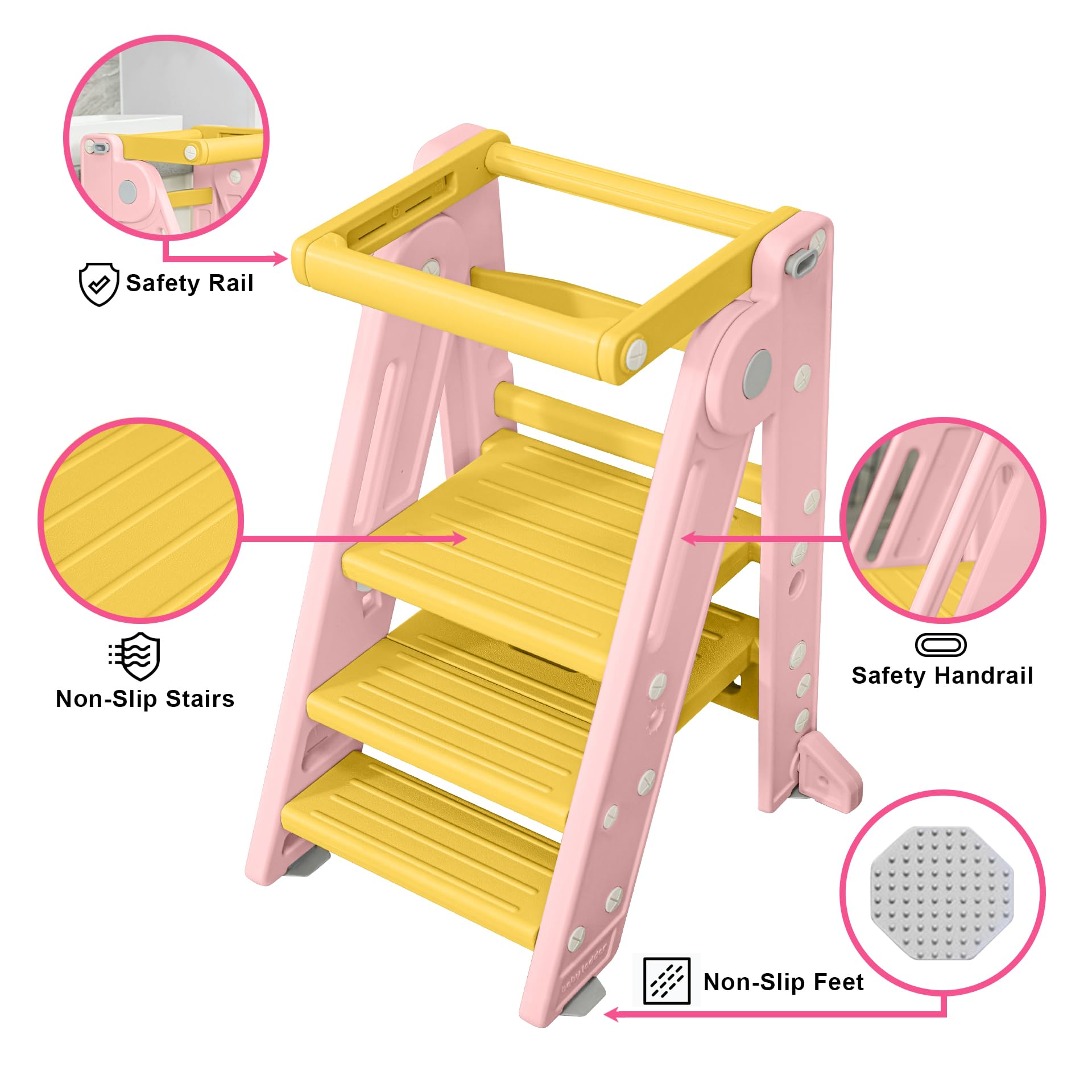 Toddler Standing Tower, Childs Kitchen Stool for Helping,Safety Rail, 2-3 Step Adjustable Ladder for Bathroom Sink & Kitchen Tower -Ages 18 Months to 4 Years (Pink)