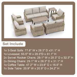 EAGLE PEAK Modern Wicker Outdoor Patio Furniture Set, Patio Conversation Set, 2 Patio Chairs, 2 Swivel Rocker Chairs, 3-Seat Sofa, Loveseat, Coffee Table and Side Table, 8 Pieces, Brown/Gray