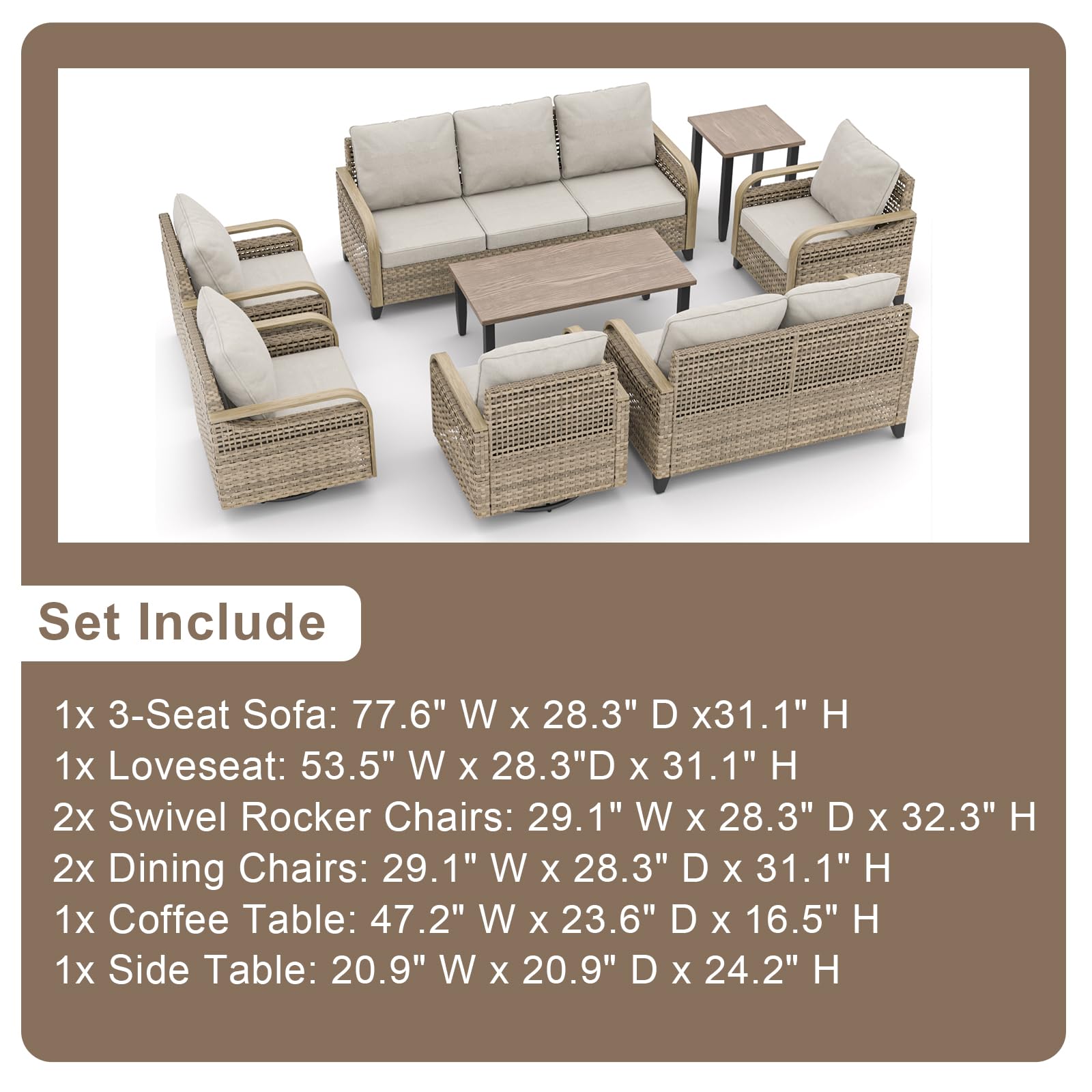 EAGLE PEAK Modern Wicker Outdoor Patio Furniture Set, Patio Conversation Set, 2 Patio Chairs, 2 Swivel Rocker Chairs, 3-Seat Sofa, Loveseat, Coffee Table and Side Table, 8 Pieces, Brown/Gray