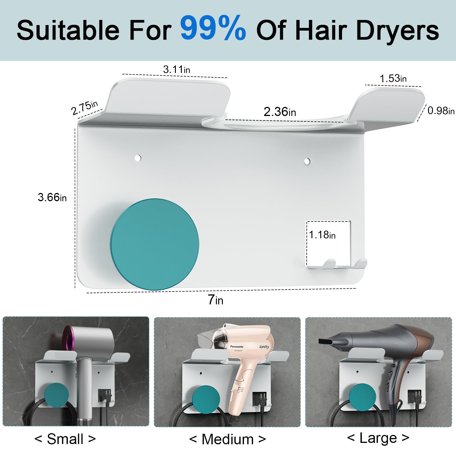 KYZDZQ Hair Dryer Holder Wall Mounted, New Upgrade Self-Adhesive or Perforated Installation Blow Dryer Holder, Compatible with Most Hair Dryers, White