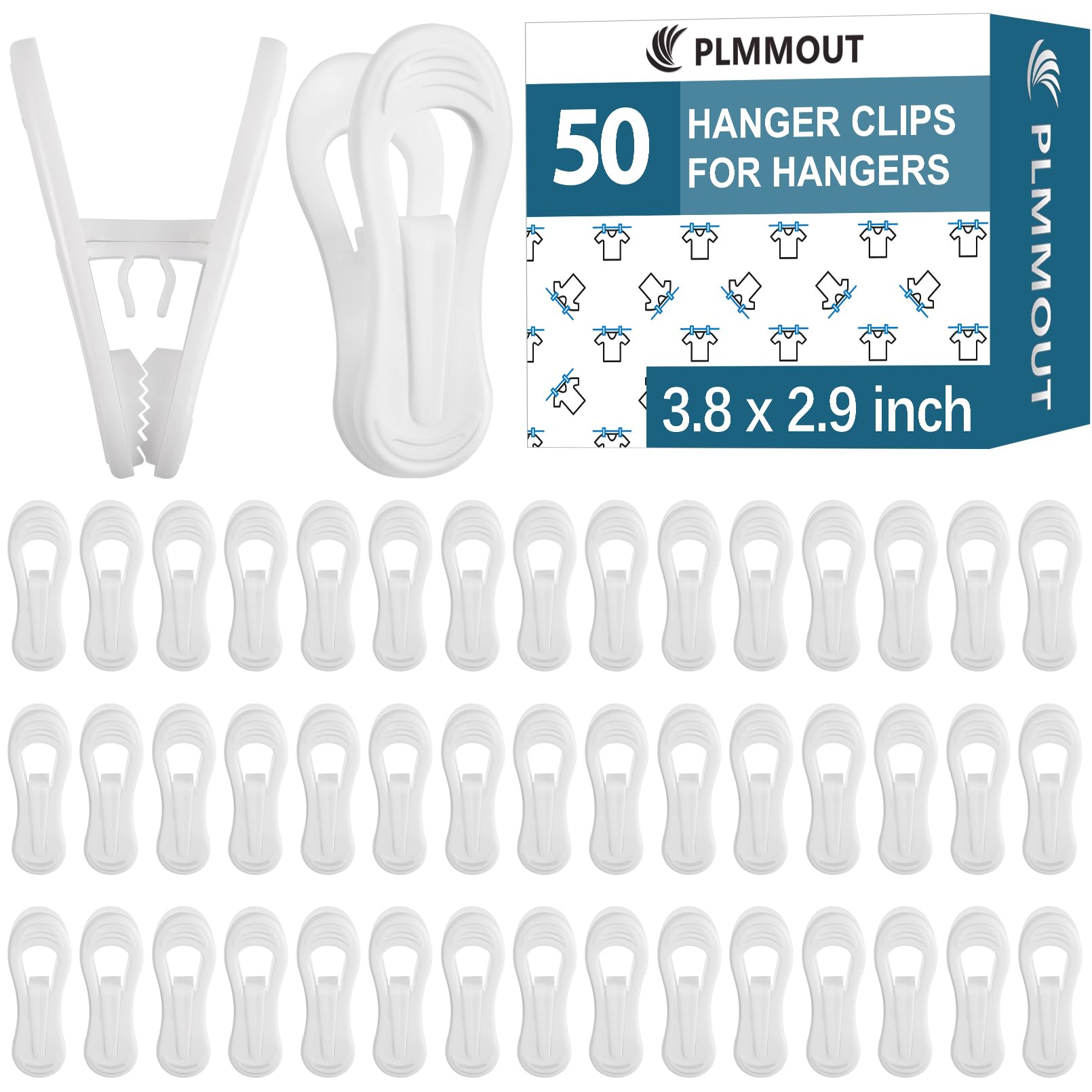 PLMMOUT White Hanger Clips 50 PCS,Velvet Hanger Clips for Plastic Hangers,Pants Hanger Clips,White Finger Clips,Plastic Hanger Clips for Skirt Pants Hangers Plastic Clothes Hangers,Strong Pinch Grip