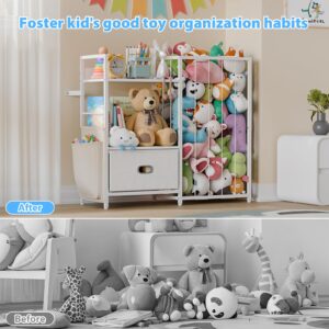 Metal Stuffed Animal Storage Toy Organizer - Kids Toy Storage Organizer with Toy Box, Stuffed Animal Zoo Storage with Bins, Toy Shelf Organizer Storage for Kids Room Playroom Nursery Bedroom (White)