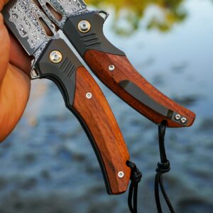 Handmade Forged Damascus Steel Folding pocket Knife, 3.07inch Damascus Steel Blade and 4.05inch Wood Handle,with pocket Clip,Retro Leather Sheath, EDC Pocket Knives for Camping Tactical Outdoor Knife.