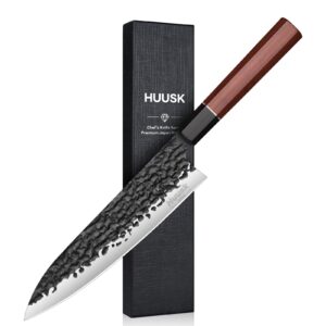 huusk japanese gyuto chef knife - 8" hand forged knives, 3 layers 9cr18mov high carbon kitchen knife, professional sharp cooking knife with ergonomic handle for meat, vegetables, fish