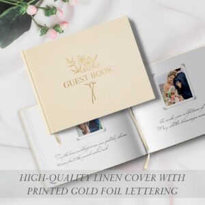 Wedding Guest Book with 216 Photo Corners Stickers, Linen Guestbook to Sign at Bridal Shower or Wedding Reception Party,100 Pages, Blank Thick Paper Books for Baby Shower Memorial Service- Beige