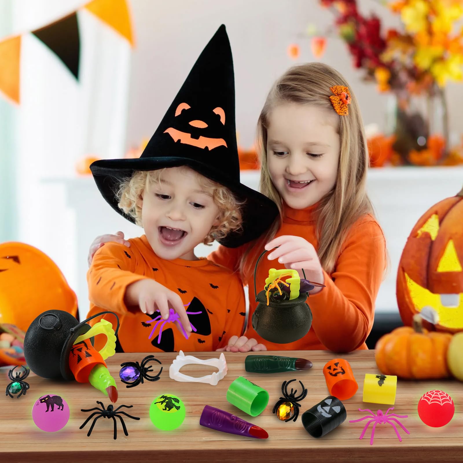 256PCS Halloween Party Favor Bulk for Kids, 32PACK Prefilled Witch Cauldrons with 6 Halloween Toys inside, Halloween Goodie Bag Fillers, Halloween Prizes Gifts Miniatures, Trick or Treat