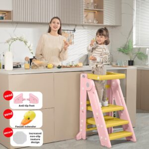 toddler standing tower, childs kitchen stool for helping,safety rail, 2-3 step adjustable ladder for bathroom sink & kitchen tower -ages 18 months to 4 years (pink)