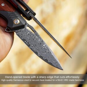 Handmade Forged Damascus Steel Folding pocket Knife, 3.07inch Damascus Steel Blade and 4.05inch Wood Handle,with pocket Clip,Retro Leather Sheath, EDC Pocket Knives for Camping Tactical Outdoor Knife.