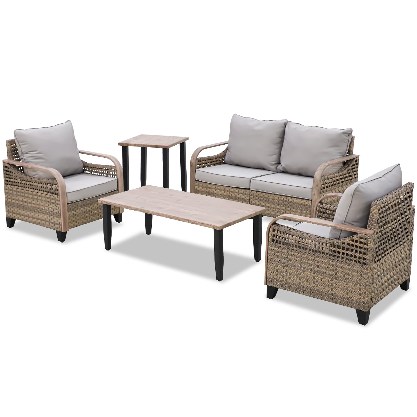 EAGLE PEAK Modern Wicker Outdoor Patio Furniture Set, Patio Conversation Set, 2 Patio Chairs, 2-Seat Loveseat, Coffee Table and Side Table, 5 Pieces, Brown/Gray