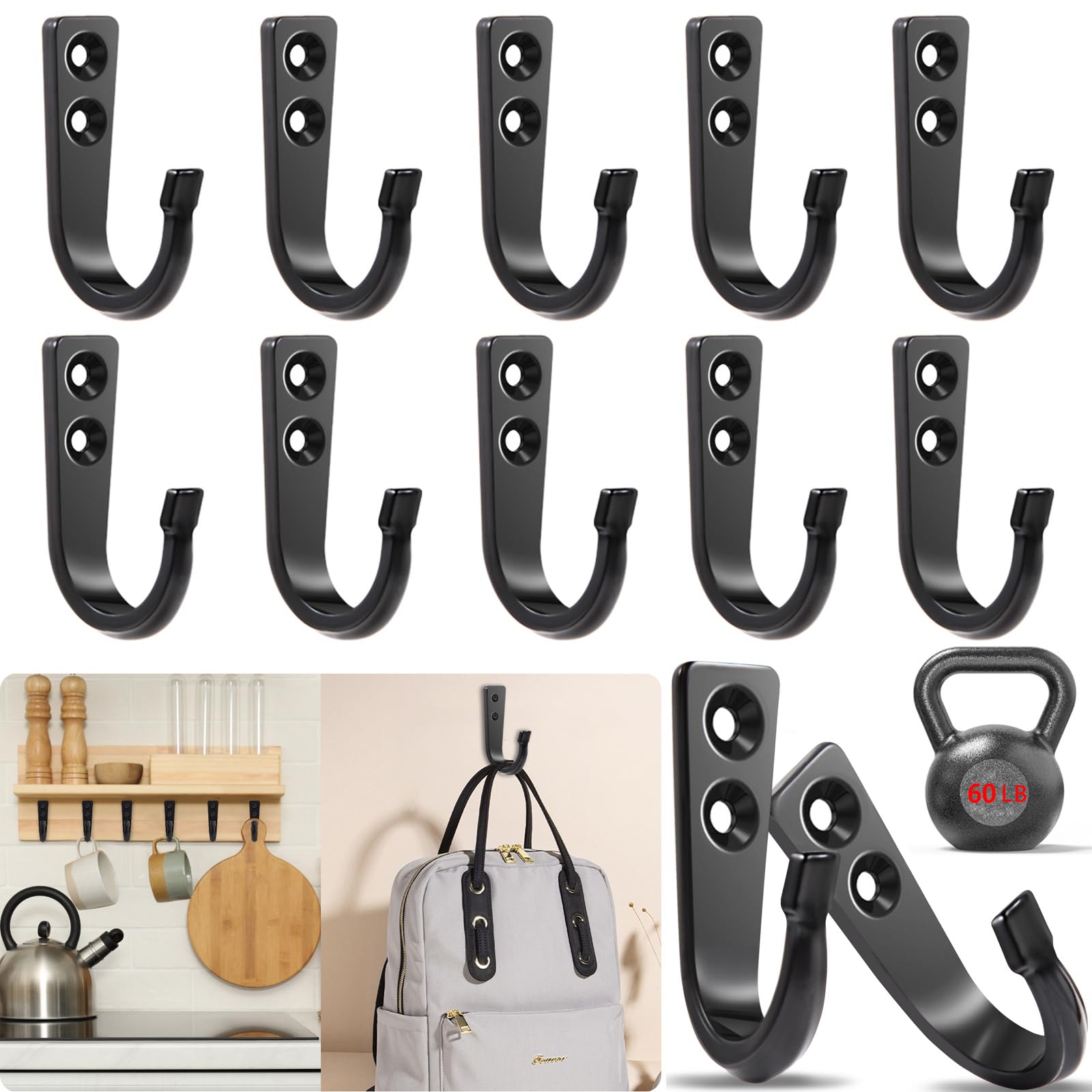 WODEGIFT 12Pcs Wall Hook, Wall Hooks for Hanging, Heavy Duty Metal Coat Hooks, Hooks for Hanging Heavy Duty, Backpack Hooks for Wall,Suitable for Hanging Coats, Towel, Backpack, Hat,Coffee Mug (Black)