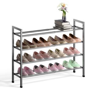 bumusty 4-tier expandable shoe rack for closet, 18“-33” adjustable shoe rack for small space, small shoe organizer for front door, sturdy metal, gray