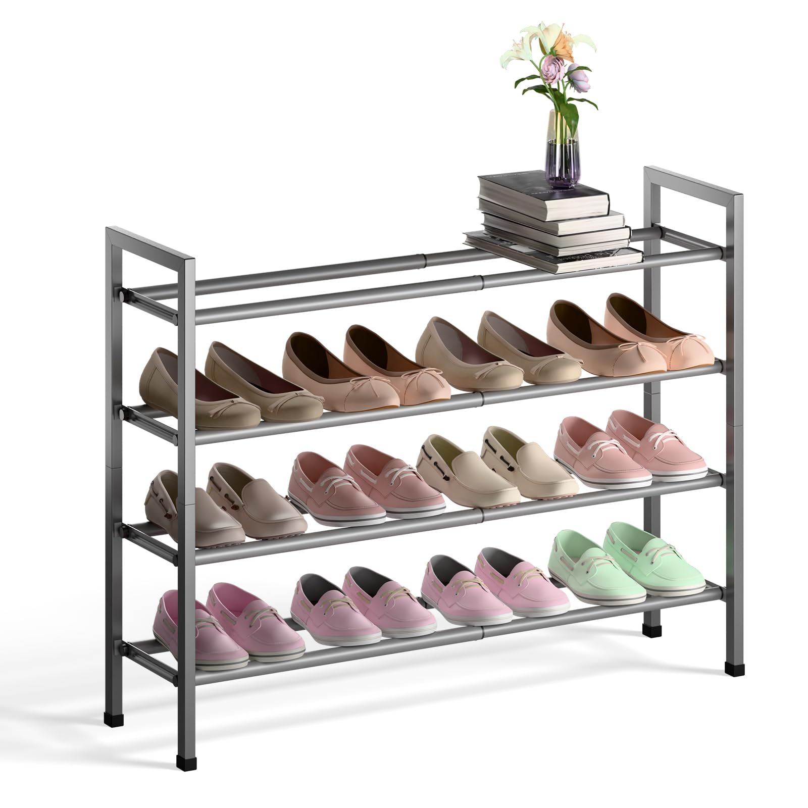 Bumusty 4-Tier Expandable Shoe Rack for Closet, 18“-33” Adjustable Shoe Rack for Small Space, Small Shoe Organizer for Front Door, Sturdy Metal, Gray