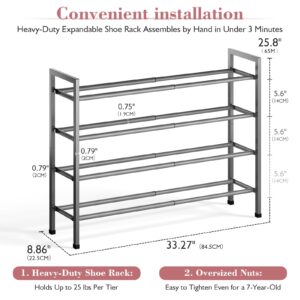 Bumusty 4-Tier Expandable Shoe Rack for Closet, 18“-33” Adjustable Shoe Rack for Small Space, Small Shoe Organizer for Front Door, Sturdy Metal, Gray