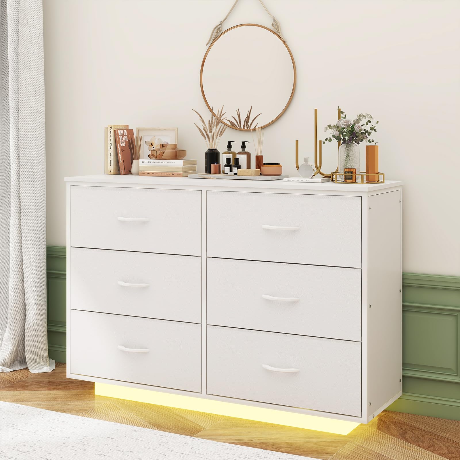 Tohomeor Dresser with Power Outlet & LED Lights, Modern Chest of Drawers for Closet, Fabric Drawers with PU Finish Small TV Console Table Dresser for Bedroom Living Room (White, 6 Drawers)