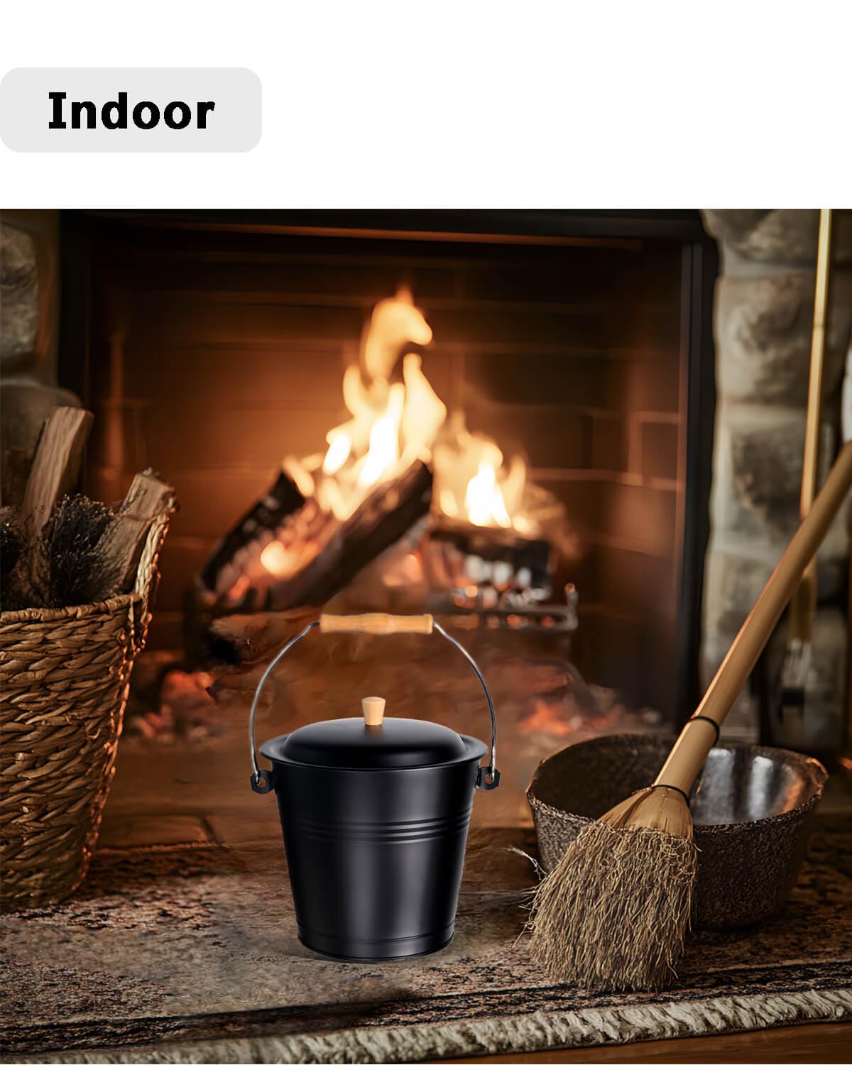 vensovo 1.5 Gallon Ash Bucket with Lid - Shovel, Broom, and Gloves, Heavy Duty Galvanized Iron, Fire-Resistant, Black Finish Perfect for Fireplaces, Fire Pits, Wood-Burning Stoves, and Grills