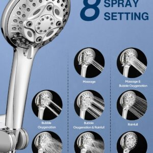 Heemli 12 Inch Rain Shower Head - High Pressure Shower Head, Dual Shower Heads with 8 Modes Handheld Spray Combo - Upgrade Extension Arm Height Adjustable, Chrome